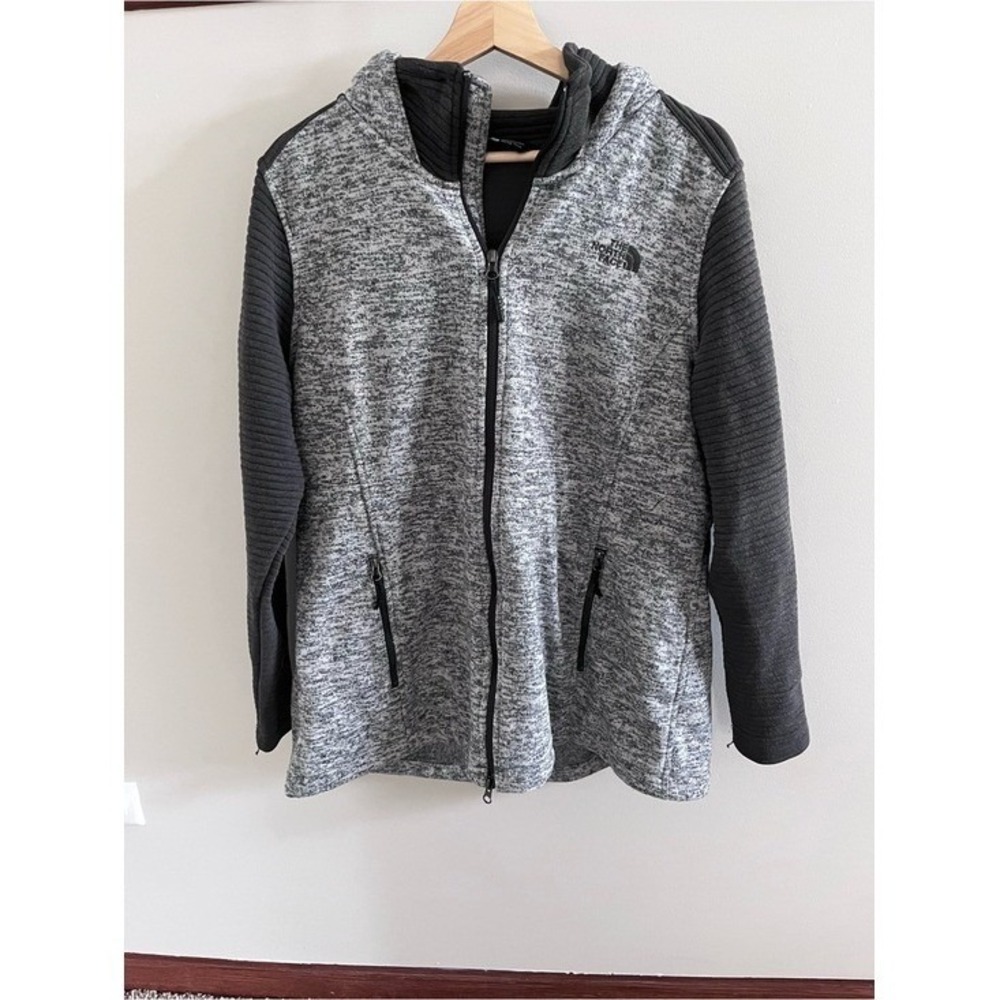 The North Face Womens Grey Heather Ribbed Sleeve Full Zip Hooded Knit Jacket XL